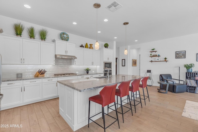 5637 S Parrish, Mesa, AZ 85212 - kitchen featuring under cabinet range hood, stainless steel appliances, decorative backsplash, light wood-style flooring, and recessed lighting