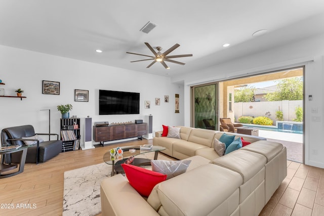 5637 S Parrish, Mesa, AZ 85212 - living room featuring light wood-style floors, recessed lighting, and ceiling fan