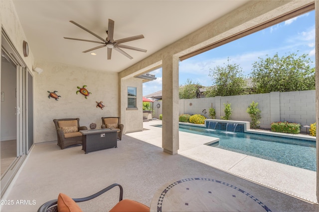 5637 S Parrish, Mesa, AZ 85212 - view of pool with a patio area, a fenced backyard, and a ceiling fan