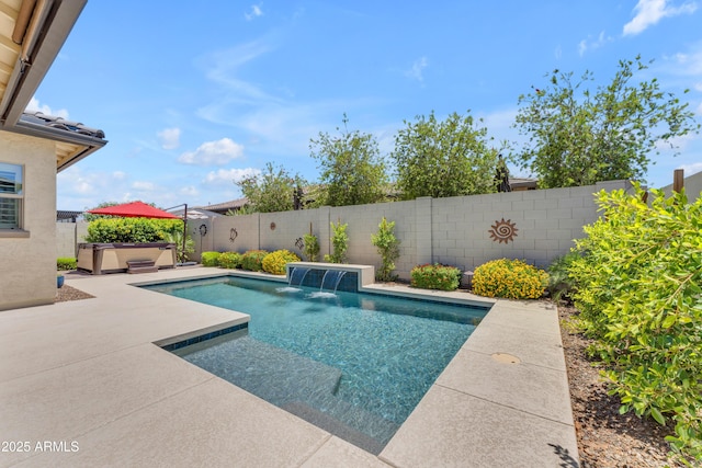 5637 S Parrish, Mesa, AZ 85212 - view of swimming pool featuring a hot tub, a fenced backyard, and a patio area