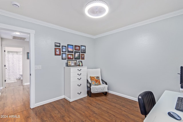 office with dark hardwood / wood-style flooring and crown molding