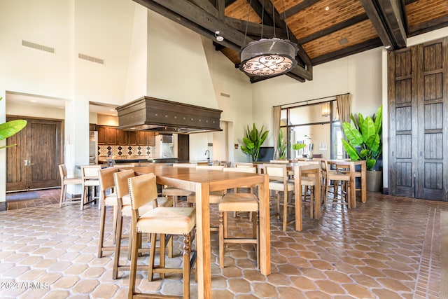 dining area with wood ceiling, high vaulted ceiling, and beam ceiling