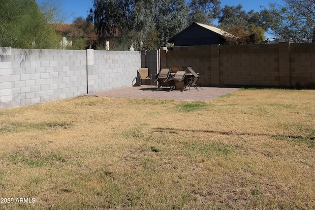 view of yard with a patio area and a fenced backyard