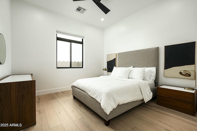 7614 E Cactus Wren Rd, Scottsdale, AZ 85250 - bedroom with light wood-style flooring, recessed lighting, baseboards, a ceiling fan, and visible vents