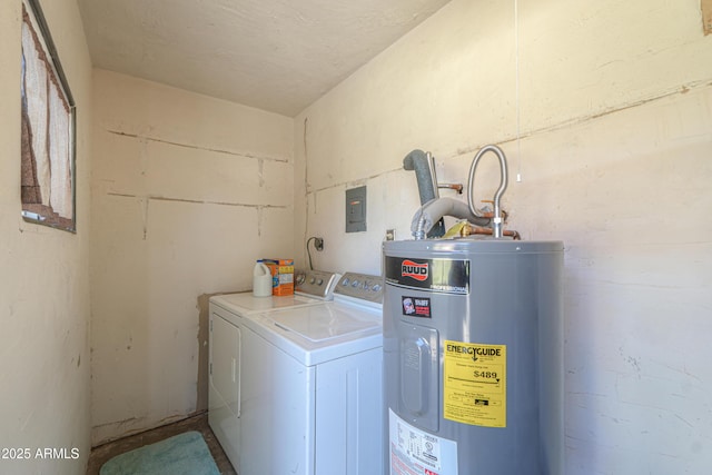 laundry area with laundry area, electric water heater, and washer and clothes dryer