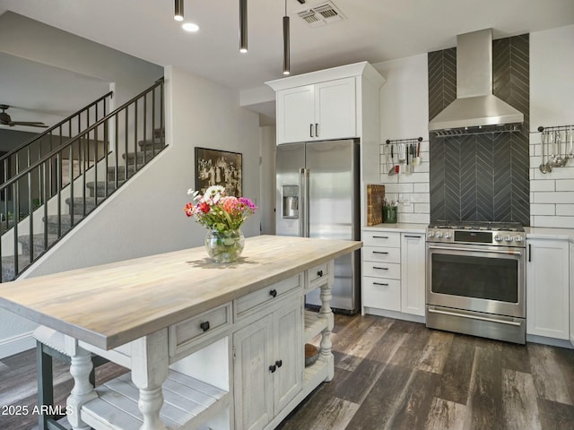 5110 E Peak View Rd, Cave Creek, AZ 85331 - kitchen with white cabinets, visible vents, stainless steel appliances, dark wood-type flooring, and wall chimney range hood