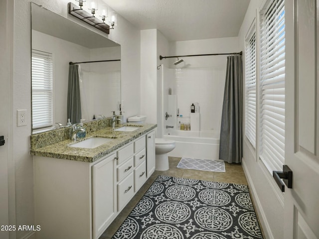 5110 E Peak View Rd, Cave Creek, AZ 85331 - bathroom with tile patterned floors, a sink, double vanity, and shower / bathtub combination with curtain