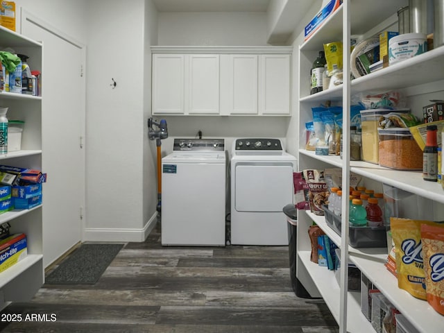 5110 E Peak View Rd, Cave Creek, AZ 85331 - washroom with washing machine and clothes dryer, cabinet space, baseboards, and dark wood-type flooring