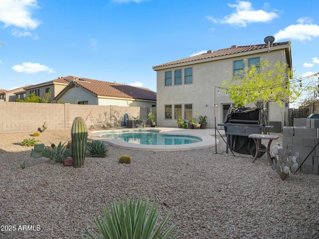 5110 E Peak View Rd, Cave Creek, AZ 85331 - view of pool with a fenced backyard, a fenced in pool, area for grilling, and a patio area