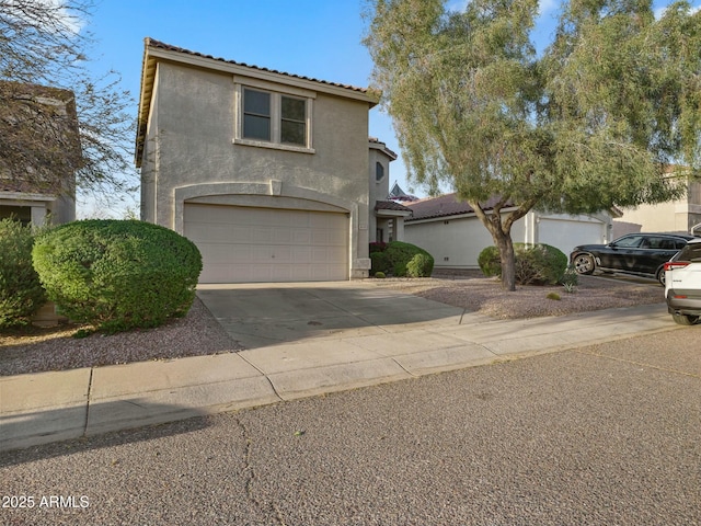 5110 E Peak View Rd, Cave Creek, AZ 85331 - mediterranean / spanish-style house with a tiled roof, a garage, concrete driveway, and stucco siding