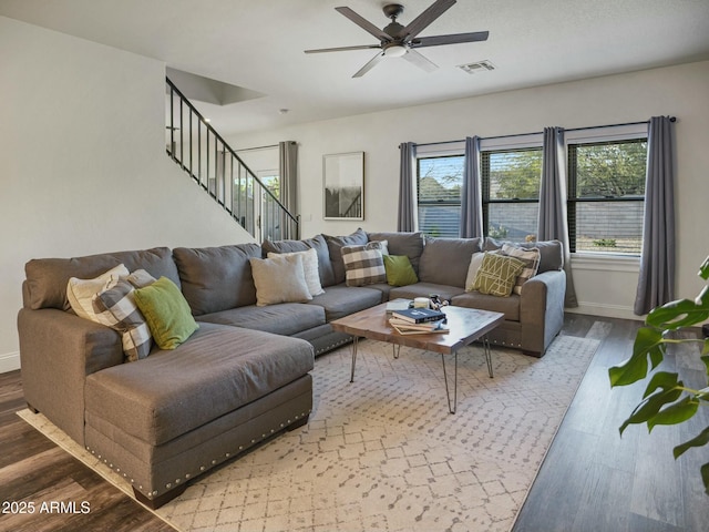 5110 E Peak View Rd, Cave Creek, AZ 85331 - living area with visible vents, stairway, a ceiling fan, and wood finished floors