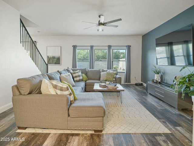 5110 E Peak View Rd, Cave Creek, AZ 85331 - living room with a ceiling fan, baseboards, stairway, and wood finished floors