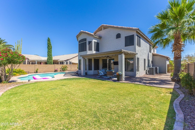 1694 E Campbell Ave, Gilbert, AZ 85234 - rear view of house with ceiling fan, central air condition unit, stucco siding, and a patio area