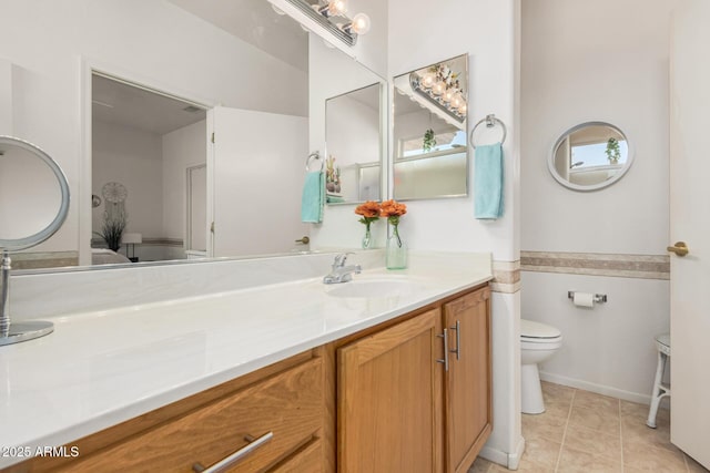 bathroom with tile patterned floors, visible vents, toilet, and vanity