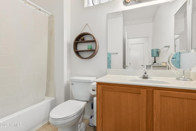 full bath with vanity, toilet, and shower / bathtub combination with curtain