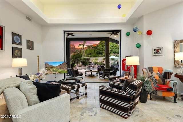 living room with ceiling fan