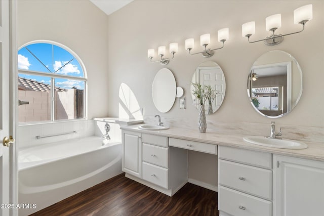 bathroom featuring wood-type flooring, vanity, and a washtub