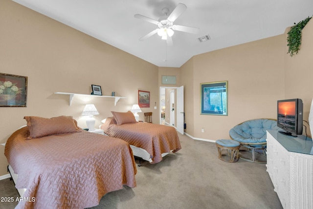 4240 E Strawberry Dr, Gilbert, AZ 85298 - bedroom with carpet, a ceiling fan, visible vents, vaulted ceiling, and baseboards