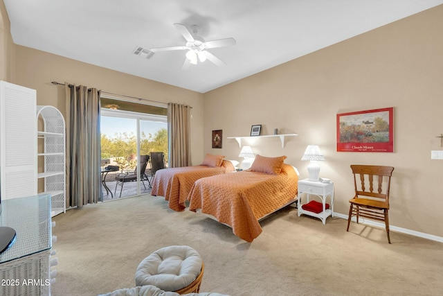 4240 E Strawberry Dr, Gilbert, AZ 85298 - carpeted bedroom featuring access to outside, baseboards, a ceiling fan, visible vents, and lofted ceiling