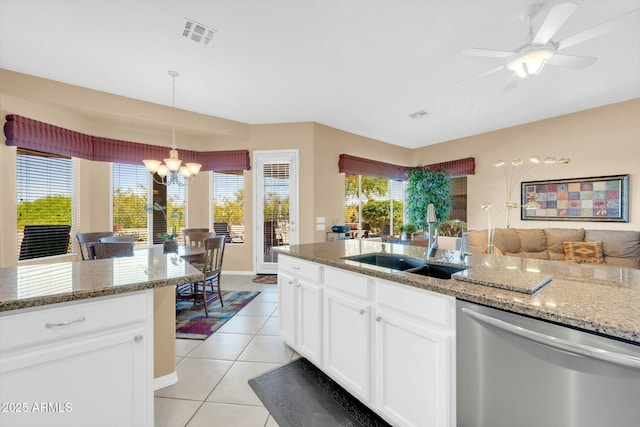 4240 E Strawberry Dr, Gilbert, AZ 85298 - kitchen with light tile patterned floors, white cabinetry, visible vents, stainless steel dishwasher, and a sink
