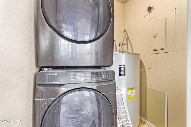 1905 E University Dr Unit 139, Tempe, AZ 85288 - laundry area with water heater, stacked washer and clothes dryer, and electric panel