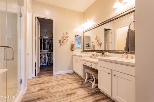 bathroom featuring vanity and a shower with shower door