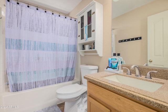 full bathroom featuring vanity, tile patterned flooring, shower / bathtub combination with curtain, and toilet