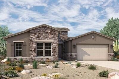 32513 N 135th Dr, Peoria, AZ 85383 - view of front of home featuring stone siding, stucco siding, a garage, and concrete driveway