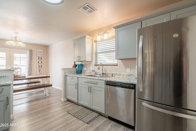 kitchen featuring visible vents, a sink, gray cabinets, and stainless steel appliances
