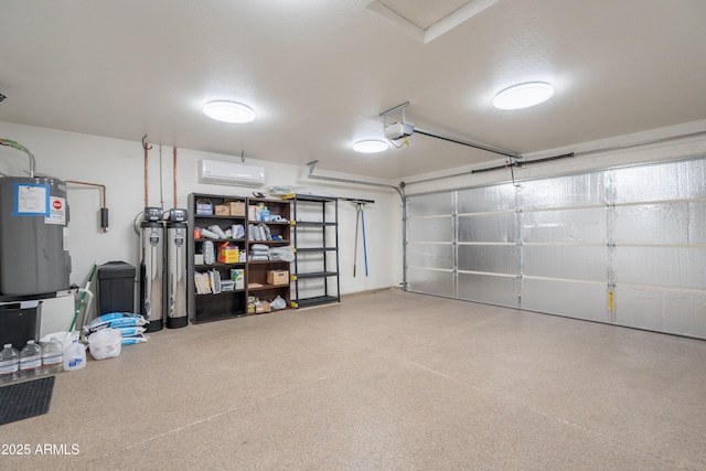 garage featuring a garage door opener, a wall mounted air conditioner, and electric water heater