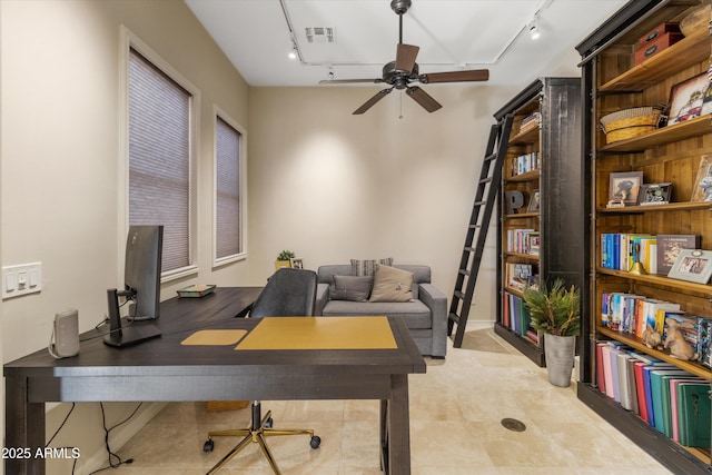 office area featuring ceiling fan, light tile patterned flooring, and track lighting