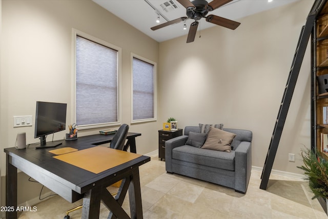 office area featuring light tile patterned floors, rail lighting, and ceiling fan