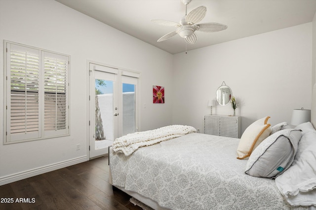 8601 E De La O Rd, Scottsdale, AZ 85255 - bedroom featuring access to outside, dark wood-style flooring, baseboards, and a ceiling fan