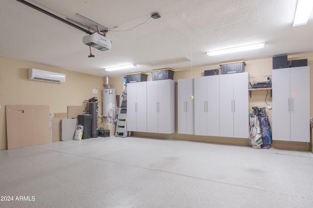 garage with a wall mounted AC, a garage door opener, and gas water heater