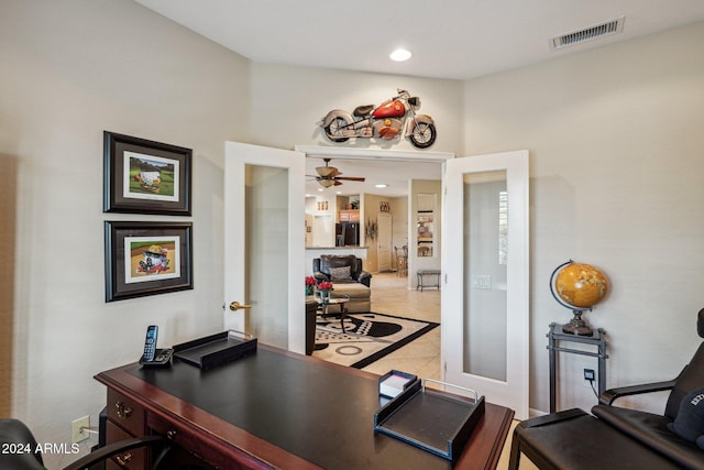 tiled home office with french doors