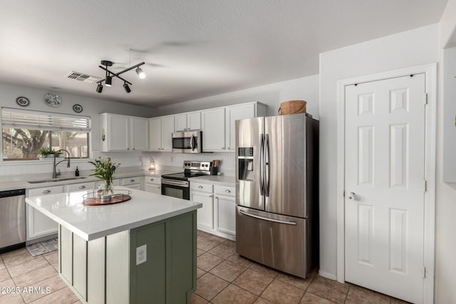 kitchen with visible vents, light countertops, white cabinets, stainless steel appliances, and a sink