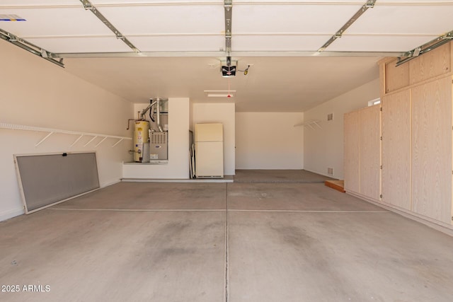 garage with freestanding refrigerator, a garage door opener, and water heater