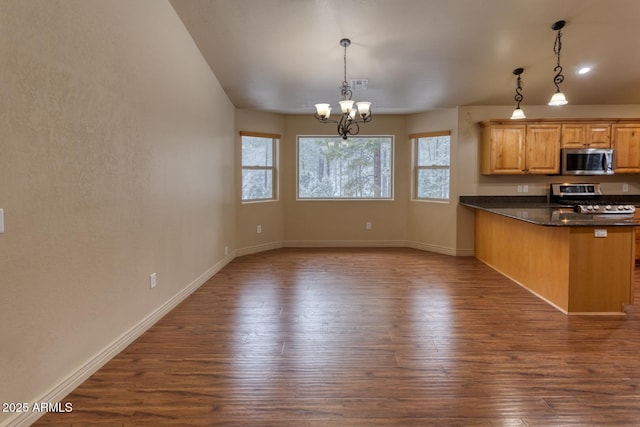 kitchen featuring dark hardwood / wood-style flooring, hanging light fixtures, a notable chandelier, and appliances with stainless steel finishes