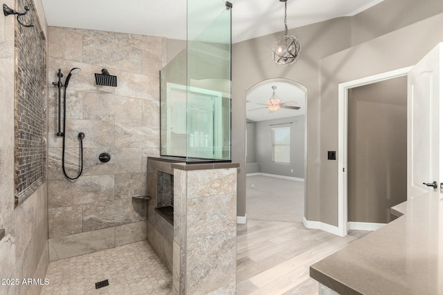 1051 E Julie Ave, San Tan Valley, AZ 85140 - bathroom featuring ceiling fan, a walk in shower, wood finished floors, and baseboards