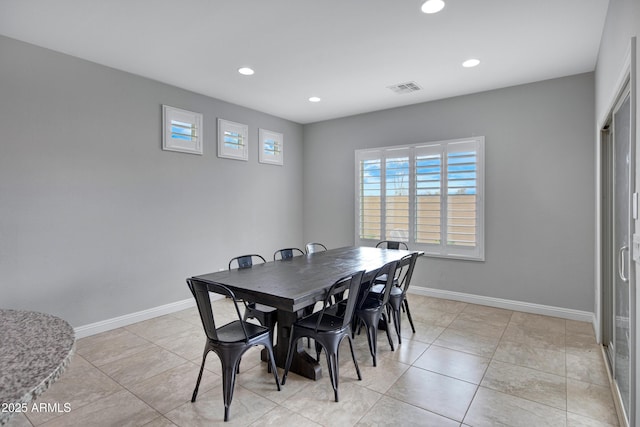 dining room with recessed lighting, visible vents, baseboards, and light tile patterned floors