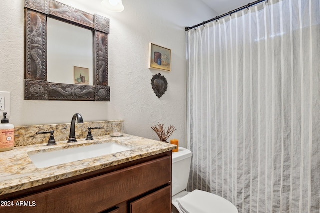 36425 N 10th St, Phoenix, AZ 85086 - bathroom featuring vanity, toilet, a textured wall, and curtained shower
