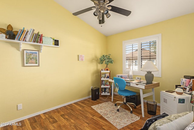 office space featuring lofted ceiling, dark wood-type flooring, and ceiling fan