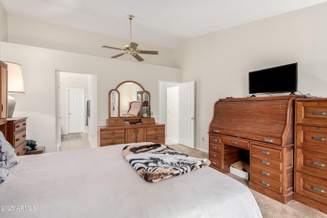 bedroom with ceiling fan and lofted ceiling