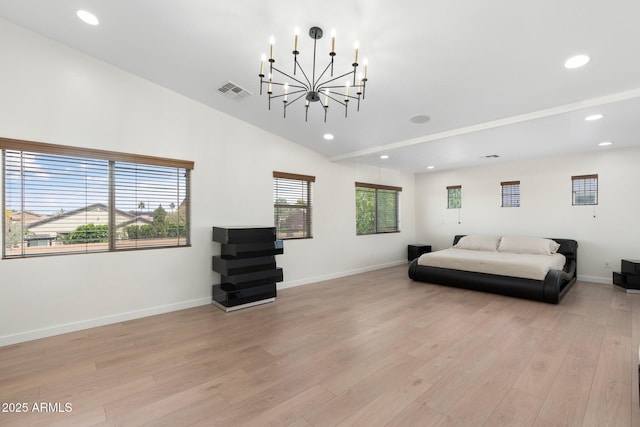 4960 E Colonial Dr, Chandler, AZ 85249 - bedroom featuring light wood-style flooring, a chandelier, recessed lighting, baseboards, and vaulted ceiling