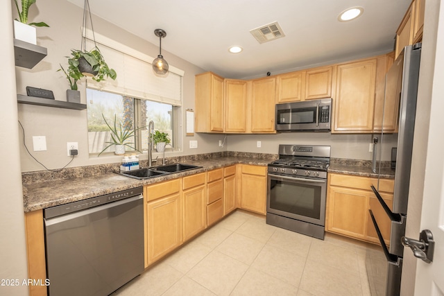 29110 N 24th Ln, Phoenix, AZ 85085 - kitchen with appliances with stainless steel finishes, a sink, open shelves, light brown cabinetry, and light tile patterned flooring
