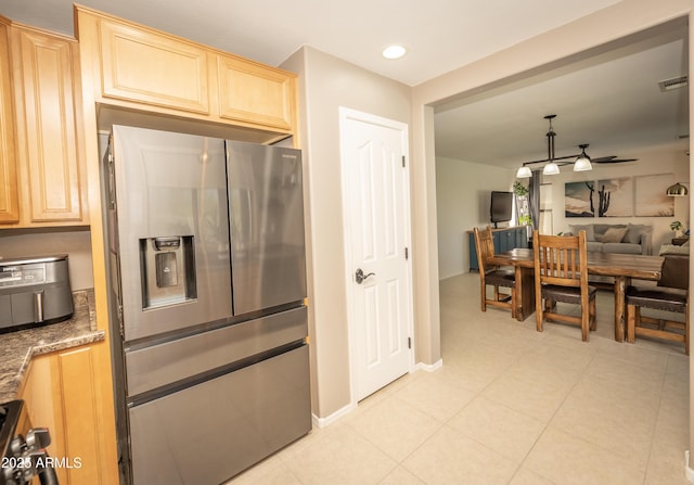 29110 N 24th Ln, Phoenix, AZ 85085 - kitchen featuring stainless steel fridge with ice dispenser, light brown cabinets, ceiling fan, open floor plan, and pendant lighting