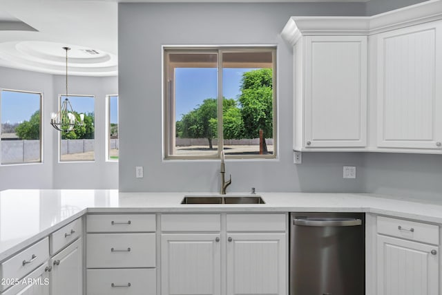 24615 S 182nd Pl, Gilbert, AZ 85298 - kitchen with stainless steel dishwasher, white cabinetry, and pendant lighting