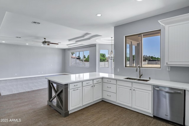 24615 S 182nd Pl, Gilbert, AZ 85298 - kitchen featuring stainless steel dishwasher, a peninsula, light countertops, recessed lighting, and ceiling fan