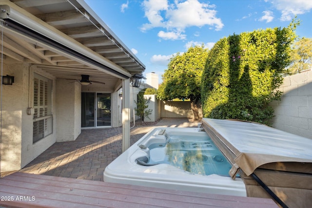 8405 E San Pedro Dr, Scottsdale, AZ 85258 - deck with a covered hot tub, a fenced backyard, a patio area, and ceiling fan