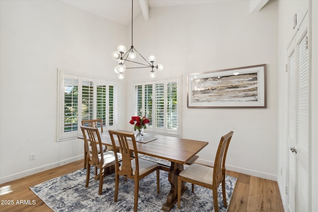 8405 E San Pedro Dr, Scottsdale, AZ 85258 - dining area featuring a chandelier, beam ceiling, wood finished floors, baseboards, and high vaulted ceiling